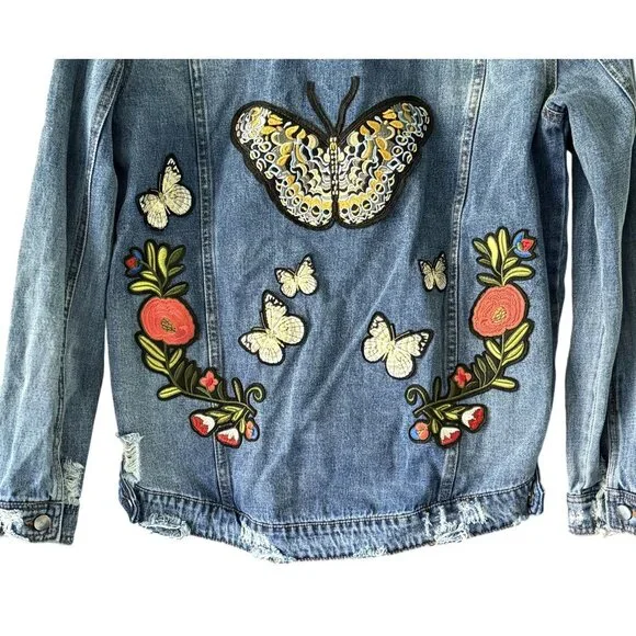 Arrive Denim Jacket Patches Distressed XL Boho Hippie Unique Fall - Picture 7 of 9